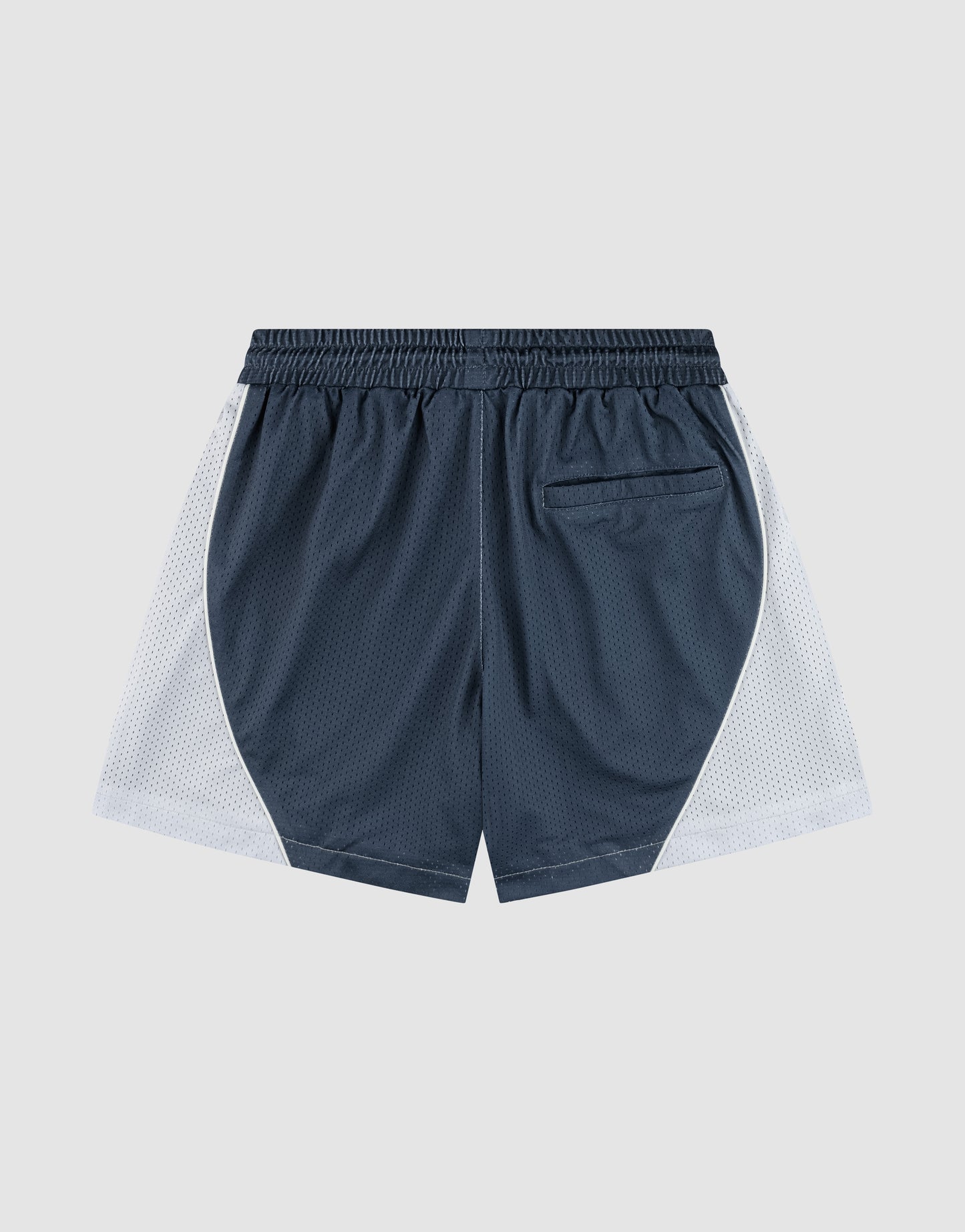The LIVE FAST DIE YOUNG LFDY Piping Mesh Shorts feature navy blue polyester, white mesh side panels, an Elastikbund waistband, and a single back pocket, shown on a plain light background.