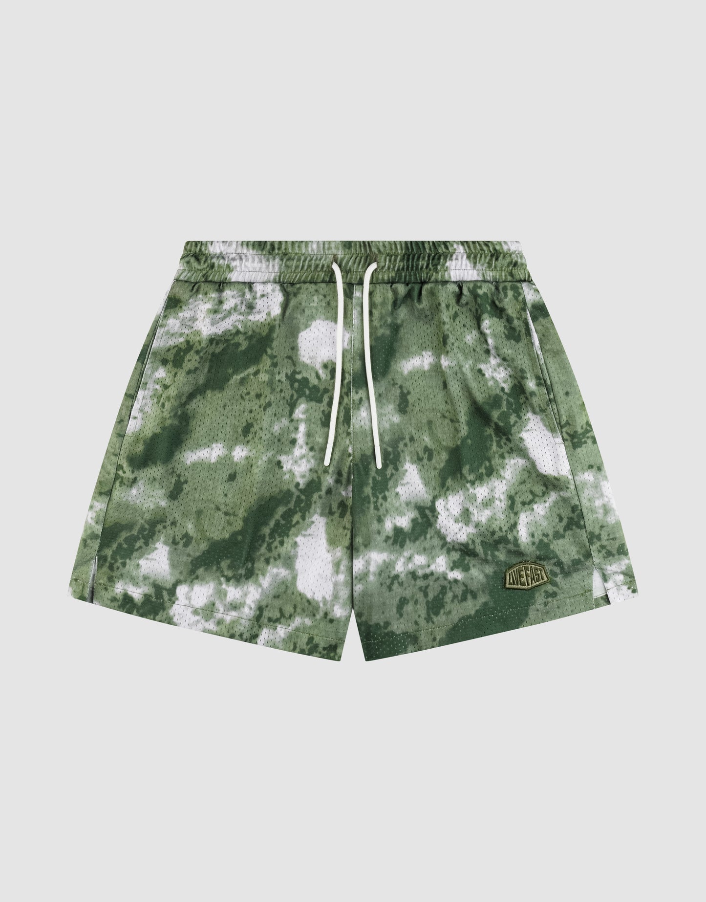 The LFDY Mesh Shorts by LIVE FAST DIE YOUNG feature a green and white camouflage pattern, comfortable elastic waistband with white drawstrings, durable polyester fabric, and a small rectangular logo on the left leg.