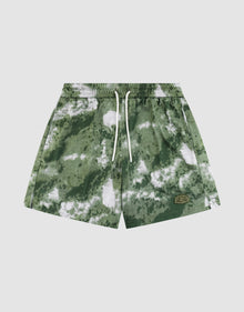 The LFDY Mesh Shorts by LIVE FAST DIE YOUNG feature a green and white camouflage pattern, comfortable elastic waistband with white drawstrings, durable polyester fabric, and a small rectangular logo on the left leg. | plain