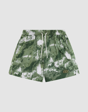The LFDY Mesh Shorts by LIVE FAST DIE YOUNG feature a green and white camouflage pattern, comfortable elastic waistband with white drawstrings, durable polyester fabric, and a small rectangular logo on the left leg. | plain