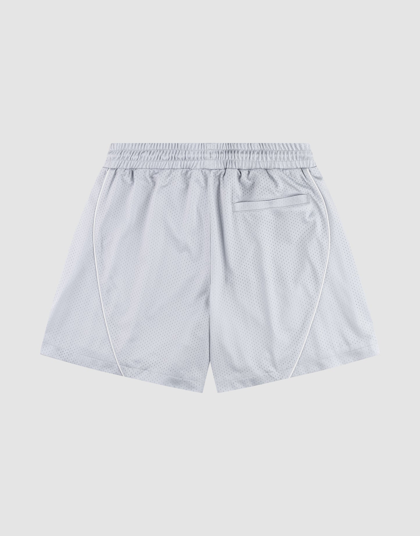 The LFDY Piping Mesh Shorts by LIVE FAST DIE YOUNG feature light gray polyester mesh, a comfortable regular fit with elastic waistband, white side piping, and a back pocket. Displayed flat on a light gray background.