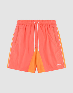 LIVE FAST DIE YOUNG Beach Shorts in coral pink feature an elastic waistband, white drawstring, orange side and center panels, white piping, zippered side pockets, and a small white logo on the left leg. Regular fit for all-day comfort. | plain