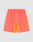 LIVE FAST DIE YOUNG Beach Shorts in coral pink feature an elastic waistband, white drawstring, orange side and center panels, white piping, zippered side pockets, and a small white logo on the left leg. Regular fit for all-day comfort.