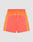 LIVE FAST DIE YOUNG Beach Shorts in coral red and orange feature side pockets, white piping, an elastic waistband, and a color block design, shown on a plain light background.
