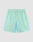 LIVE FAST DIE YOUNG Beach Shorts in light blue and mint green, color-blocked with elastic waistband, white drawstring, side zip pockets, and a small white logo on the lower left leg. Regular fit. Laid flat on a white background.