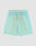 LIVE FAST DIE YOUNG Beach Shorts in light green and aqua blue, featuring an elastic waistband, white details, and a regular fit, displayed flat on a plain white background.