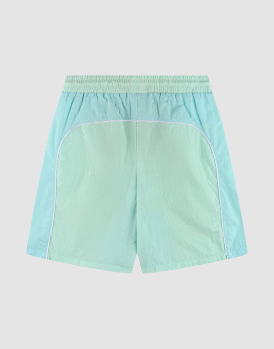 LIVE FAST DIE YOUNG Beach Shorts in light green and aqua blue, featuring an elastic waistband, white details, and a regular fit, displayed flat on a plain white background.