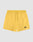 The Live Fast Swim Shorts by LIVE FAST DIE YOUNG feature a regular fit, elastic waistband, drawstring, side pockets, and a small black logo patch on the left leg. Shown in Tinted Yellow Wash laid flat on a light gray background.