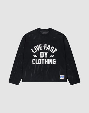 The LFDY Flash Jersey by LIVE FAST DIE YOUNG is a black long-sleeve, oversize fit shirt with a bold white "LIVE FAST DY CLOTHING" front print and a small blue-and-white LFDY patch near the hem, shown on a plain background. | plain