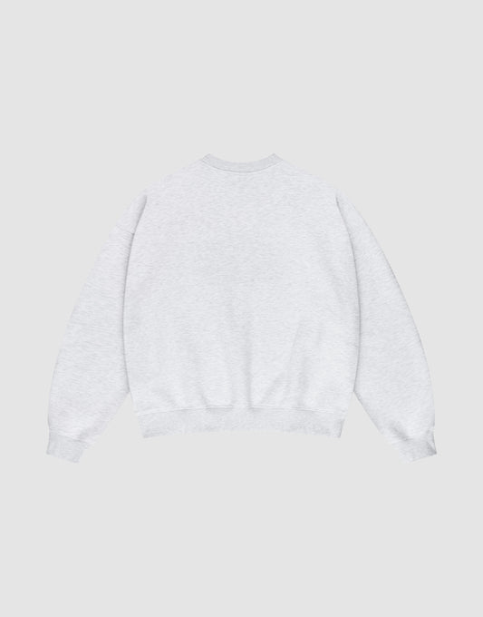 The LFDY Emblem Sweater by LIVE FAST DIE YOUNG is shown laid flat, back side up. It features a plain light gray design, long sleeves, ribbed cuffs and waistband, all set against a simple light background.