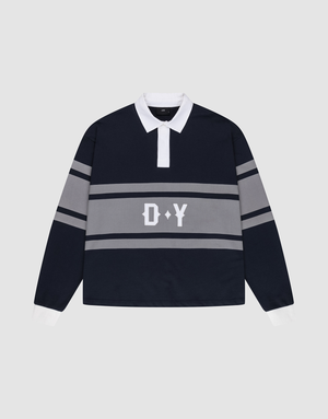 The LFDY Striped Polo by LIVE FAST DIE YOUNG features a navy blue oversize fit, white collar and cuffs, gray stripes across the chest and sleeves, and "D Y" in white on the front. Shirt is laid flat on a light gray background. | plain