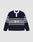The LFDY Striped Polo by LIVE FAST DIE YOUNG features a navy blue oversize fit, white collar and cuffs, gray stripes across the chest and sleeves, and "D Y" in white on the front. Shirt is laid flat on a light gray background.