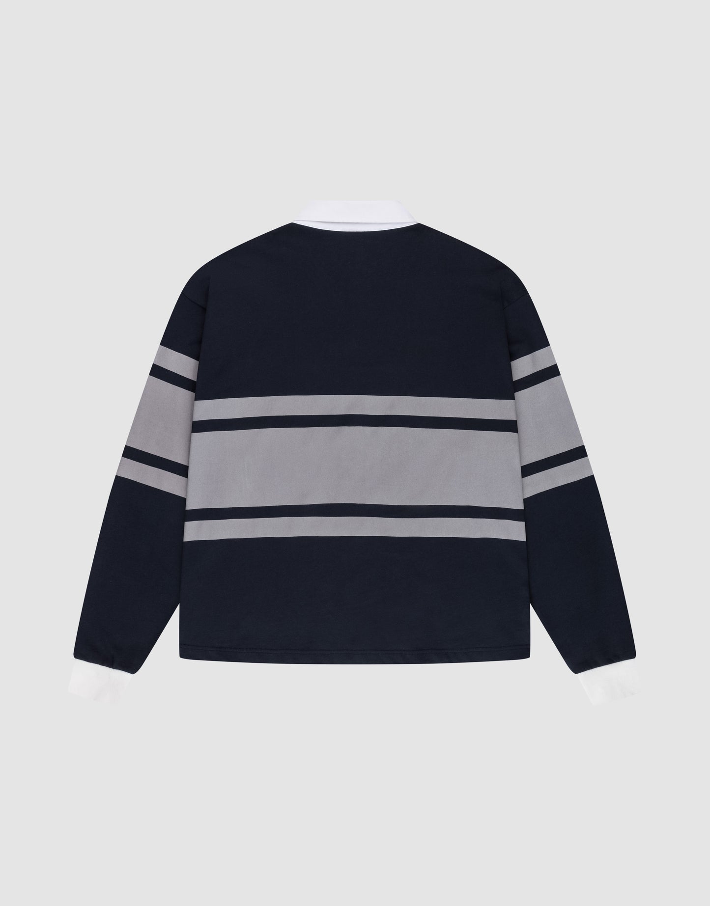 The LFDY Striped Polo by LIVE FAST DIE YOUNG is a navy blue long-sleeve Baumwoll-Twill shirt with white collar and cuffs, plus two grey stripes across the chest and sleeves, shown flat on a light gray background.