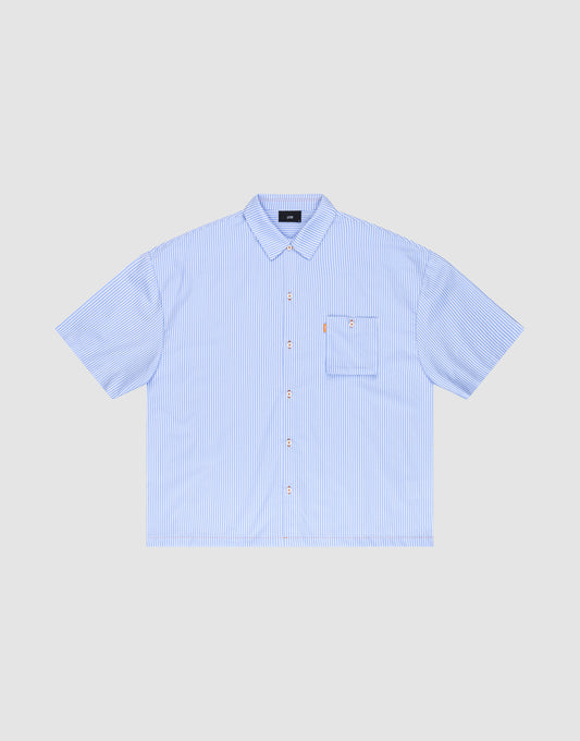 The LFDY Striped Boxy Shirt by LIVE FAST DIE YOUNG is a light blue and white short-sleeve button-up with thin vertical stripes, a chest pocket, and subtle Logo-Stick detail, shown on a plain light gray background. | plain