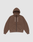 The LFDY Lightweight Hooded Zip by LIVE FAST DIE YOUNG is a brown, regular-fit zip-up hoodie with a front pocket, white drawstrings, and a small gold tag near the pocket, made from soft French Terry fabric on a light background.