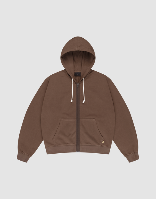 The LFDY Lightweight Hooded Zip by LIVE FAST DIE YOUNG is a brown, regular-fit zip-up hoodie with a front pocket, white drawstrings, and a small gold tag near the pocket, made from soft French Terry fabric on a light background. | plain