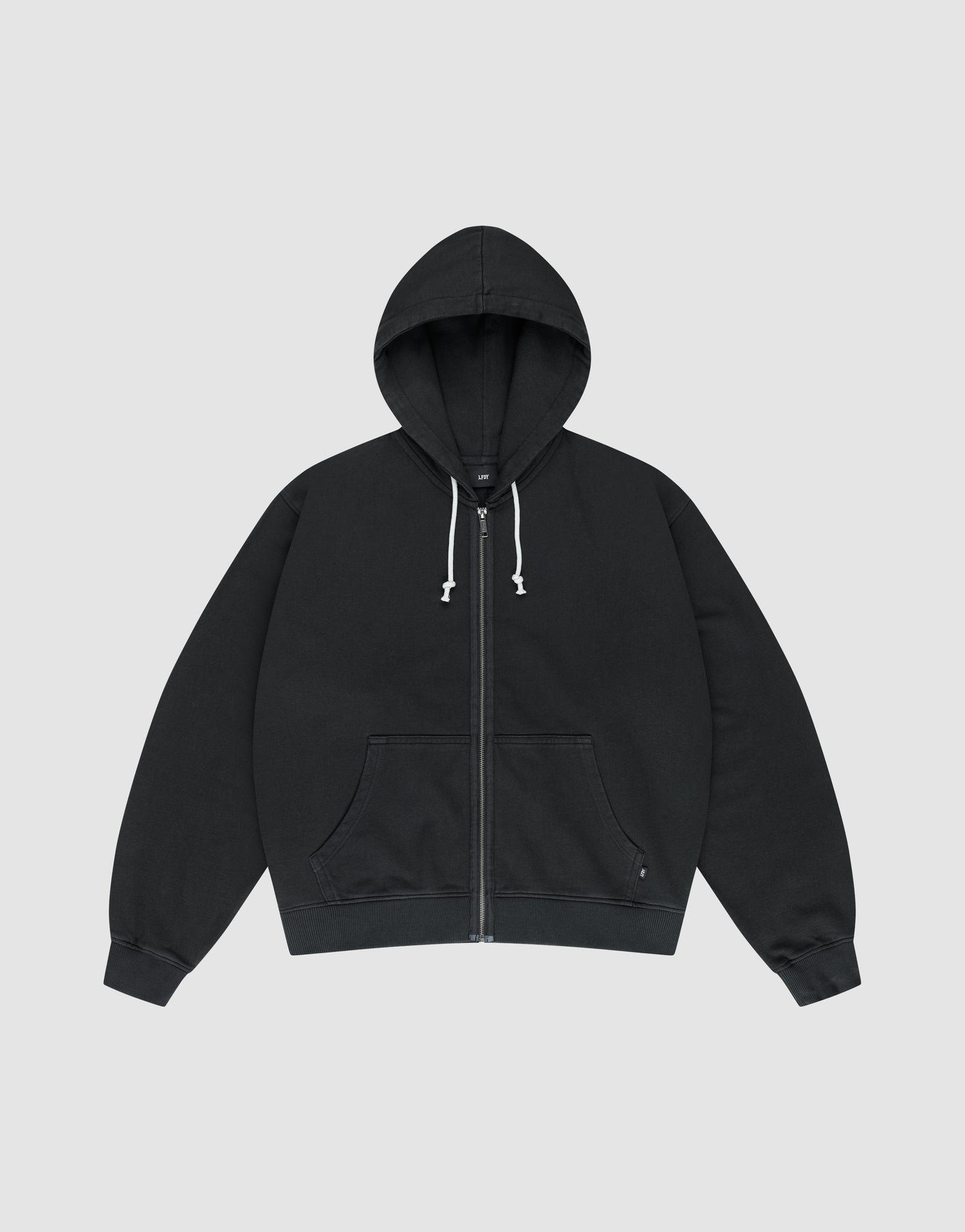 The LFDY Lightweight Hooded Zip by LIVE FAST DIE YOUNG is a black regular-fit French Terry hoodie with a drawstring hood and front pockets, made from 100% Baumwolle, shown flat against a plain light gray background. | plain