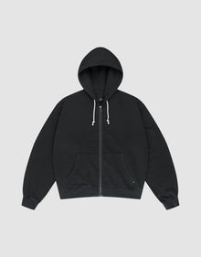 The LFDY Lightweight Hooded Zip by LIVE FAST DIE YOUNG is a black regular-fit French Terry hoodie with a drawstring hood and front pockets, made from 100% Baumwolle, shown flat against a plain light gray background. | plain