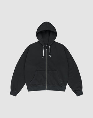 The LFDY Lightweight Hooded Zip by LIVE FAST DIE YOUNG is a black regular-fit French Terry hoodie with a drawstring hood and front pockets, made from 100% Baumwolle, shown flat against a plain light gray background. | plain