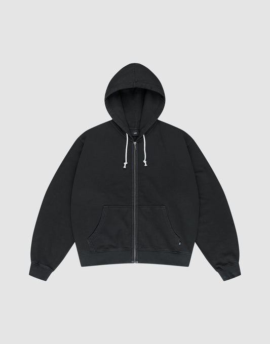 The LFDY Lightweight Hooded Zip by LIVE FAST DIE YOUNG is a black regular-fit French Terry hoodie with a drawstring hood and front pockets, made from 100% Baumwolle, shown flat against a plain light gray background. | plain