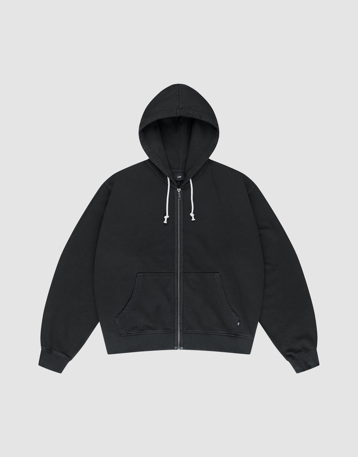 The LFDY Lightweight Hooded Zip by LIVE FAST DIE YOUNG is a black regular-fit French Terry hoodie with a drawstring hood and front pockets, made from 100% Baumwolle, shown flat against a plain light gray background. | plain