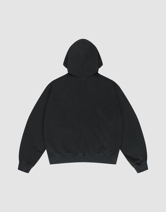 The LFDY Lightweight Hooded Zip by LIVE FAST DIE YOUNG is displayed on a light gray background, shown from the back with the hood up and sleeves spread out.