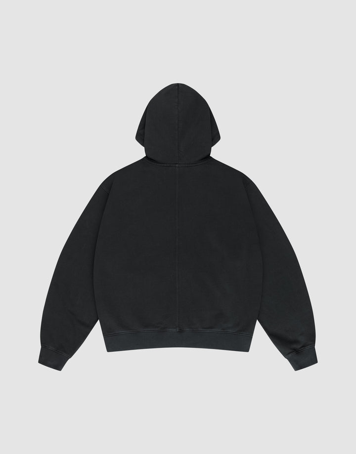 The LFDY Lightweight Hooded Zip by LIVE FAST DIE YOUNG is displayed on a light gray background, shown from the back with the hood up and sleeves spread out.