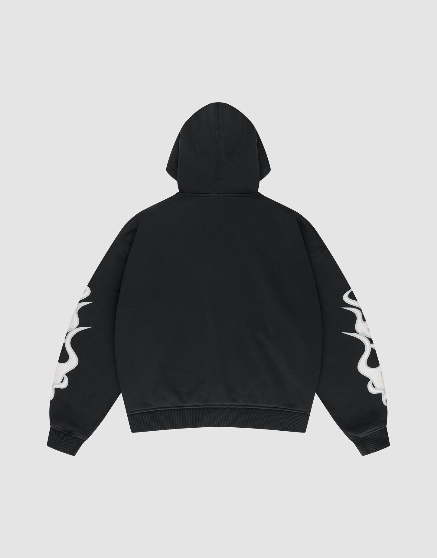 The LIVE FAST DIE YOUNG LFDY Inferno Hooded Zip in black is shown from the back, with white flame designs on both sleeves and a drawstring hood, against a plain light gray background.
