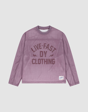 The LFDY Flash Jersey by LIVE FAST DIE YOUNG is a purple mesh, long-sleeve shirt with an oversized fit, bold front branding, and a small LFDY label on the lower left hem. | plain