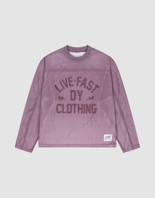 The LFDY Flash Jersey by LIVE FAST DIE YOUNG is a purple mesh, long-sleeve shirt with an oversized fit, bold front branding, and a small LFDY label on the lower left hem. | plain
