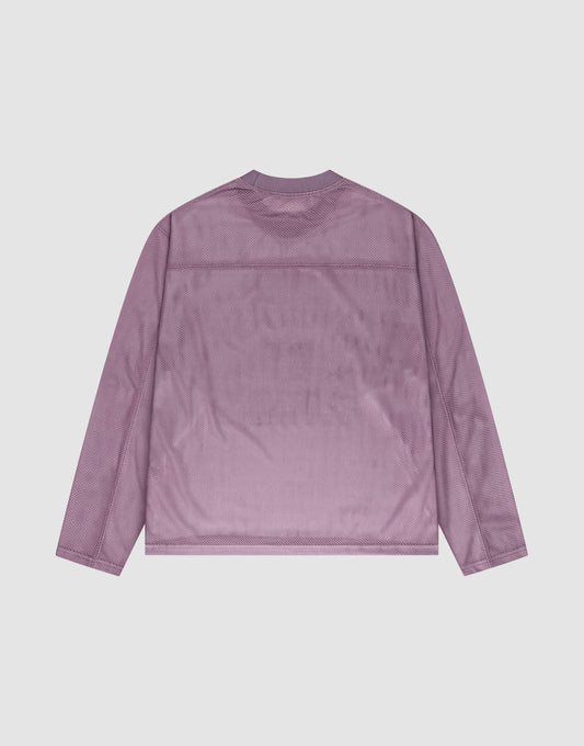 The LFDY Flash Jersey by LIVE FAST DIE YOUNG is a light purple, long-sleeved mesh top with an oversize fit, shown flat from the back on a white background.