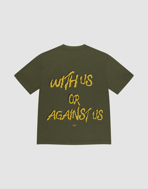 The LFDY Against us Tee by LIVE FAST DIE YOUNG is an olive green oversized T-shirt made from 100% cotton, with a bold yellow “WITH US OR AGAINST US” handwritten-style back print and the LFYT logo below in smaller yellow letters. | plain