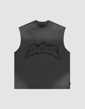 The LFDY Flames Muscle Shirt by LIVE FAST DIE YOUNG is a sleeveless black tee with a dark abstract graphic and hand-applied spray effect on the chest, finished with a washed look on 100% cotton. | plain