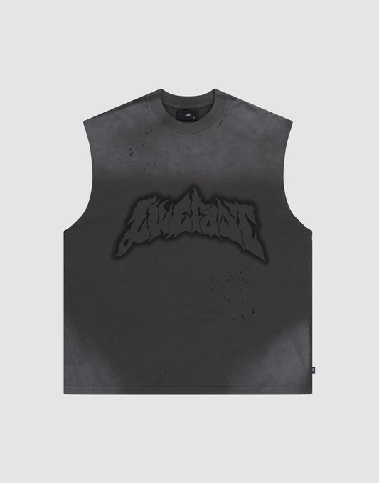 The LFDY Flames Muscle Shirt by LIVE FAST DIE YOUNG is a sleeveless black tee with a dark abstract graphic and hand-applied spray effect on the chest, finished with a washed look on 100% cotton. | plain