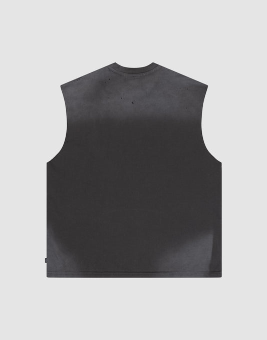 The LFDY Flames Muscle Shirt by LIVE FAST DIE YOUNG is a sleeveless, loose-fit dark gray top with an oversize fit and hand-crafted spray effect, shown from the back against a light gray background.