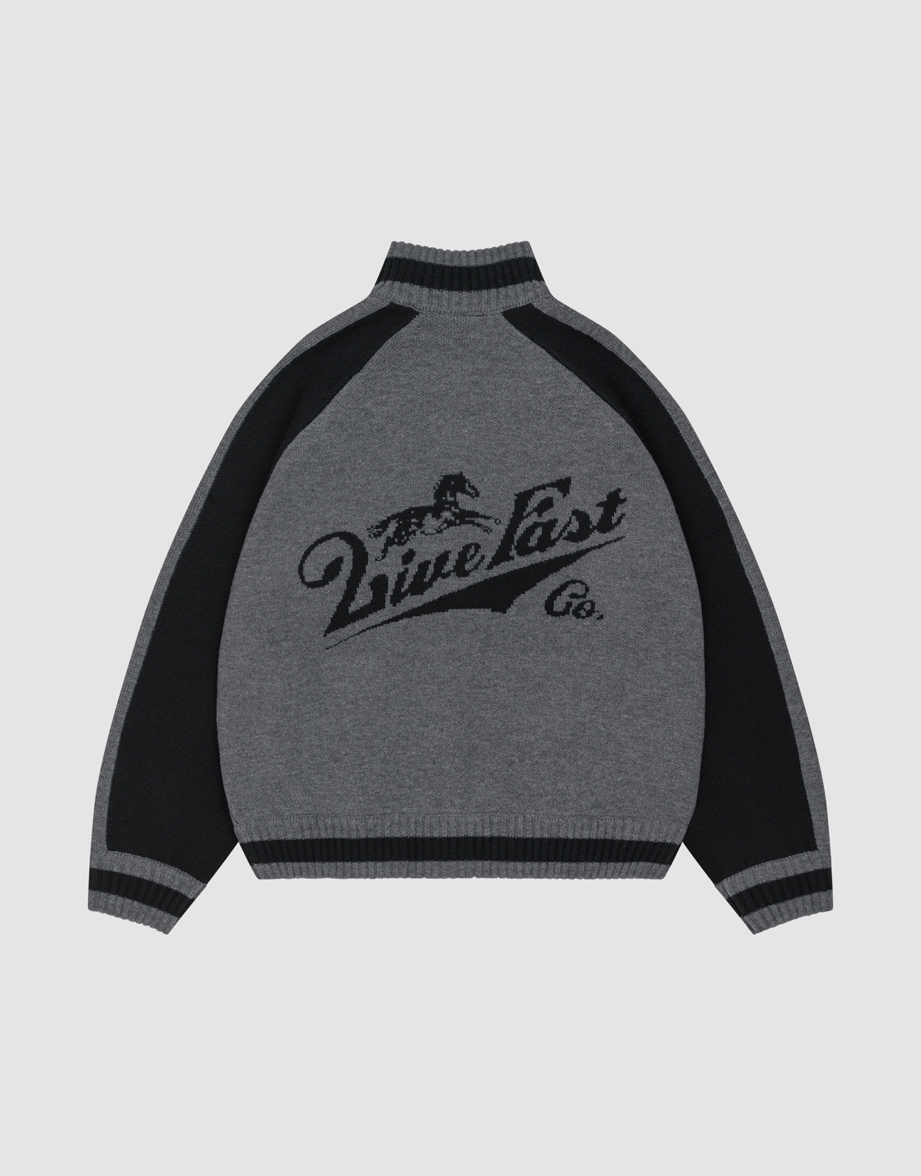The Boxy Knit Zip Jacket by LIVE FAST DIE YOUNG features gray and black intarsia-knit with dark raglan sleeves, a running horse graphic, “Live Fast Co.” on the back, and ribbed cuffs, hem, and collar for an oversize fit.