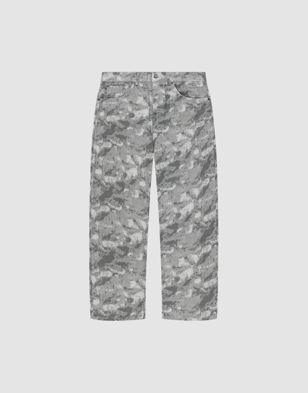The Live Fast Canvas Pants by LIVE FAST DIE YOUNG feature a gray and white abstract camouflage pattern on 100% Baumwolle, straight-leg design with front button and zip closure, pockets, relaxed baggy fit, shown on a plain light background. | plain