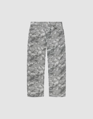 The Live Fast Canvas Pants by LIVE FAST DIE YOUNG feature a gray and white abstract camouflage pattern on 100% Baumwolle, straight-leg design with front button and zip closure, pockets, relaxed baggy fit, shown on a plain light background. | plain