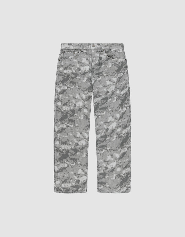 The Live Fast Canvas Pants by LIVE FAST DIE YOUNG feature a gray and white abstract camouflage pattern on 100% Baumwolle, straight-leg design with front button and zip closure, pockets, relaxed baggy fit, shown on a plain light background. | plain