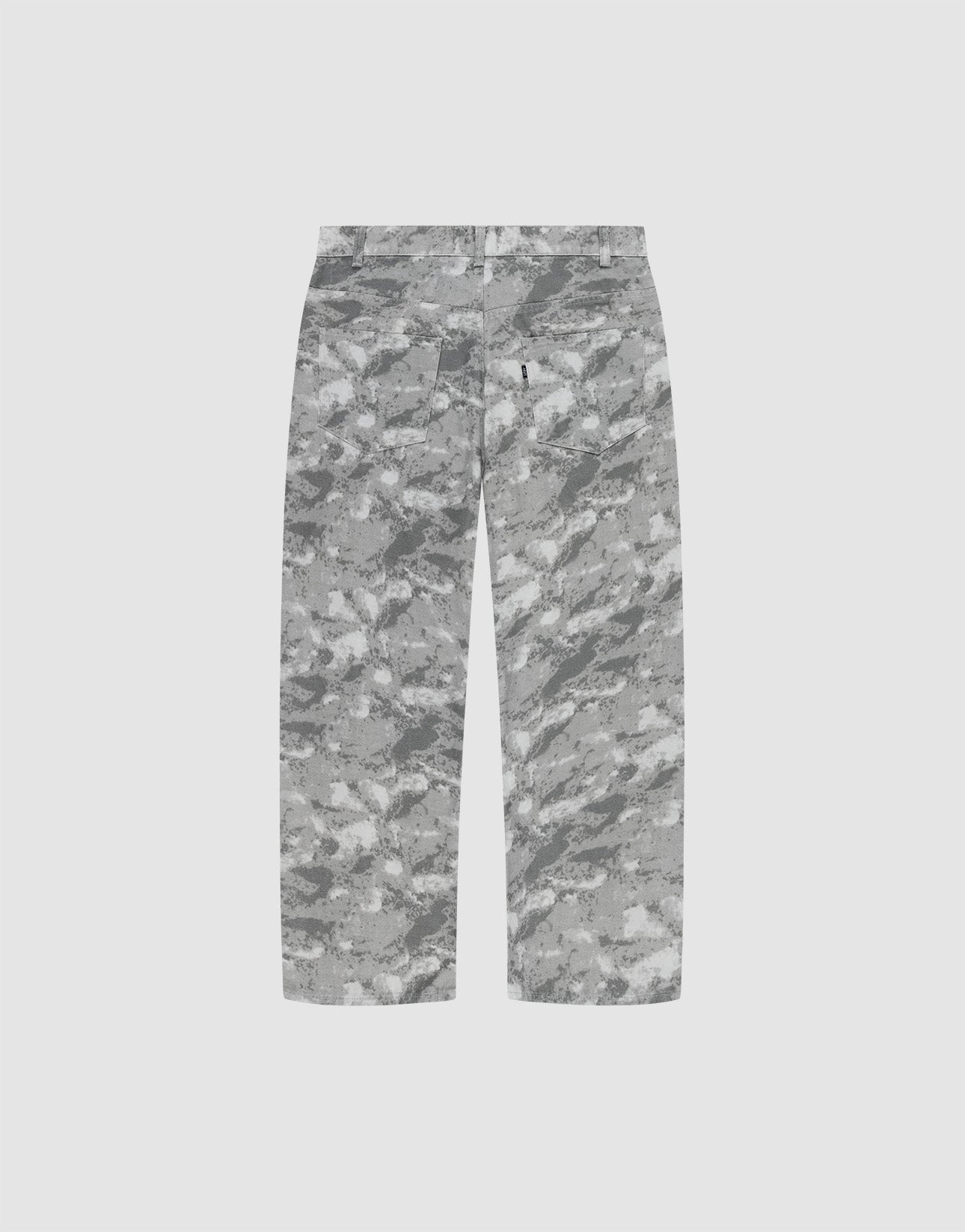 LIVE FAST DIE YOUNG’s Live Fast Canvas Pants are baggy-fit, wide-leg pants with a gray and white camo pattern and straight legs, shown flat on a plain light gray background.