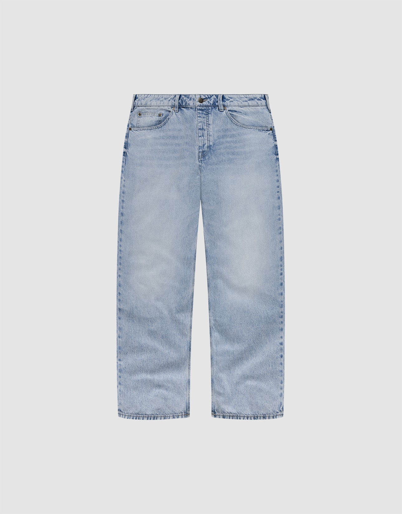 The LFDY Baggy Denim by LIVE FAST DIE YOUNG features light blue, slightly faded, baggy straight legs, five pockets, belt loops, and a button-zip closure. Made from 100% cotton and shown on a plain white background.