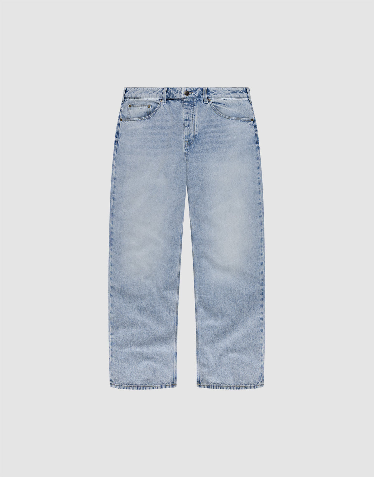 The LFDY Baggy Denim by LIVE FAST DIE YOUNG is a light blue, 100% cotton jean with a wide straight leg, classic five-pocket design, and relaxed baggy fit, shown laid flat on a plain white background. | plain