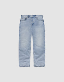 The LFDY Baggy Denim by LIVE FAST DIE YOUNG is a light blue, 100% cotton jean with a wide straight leg, classic five-pocket design, and relaxed baggy fit, shown laid flat on a plain white background. | plain