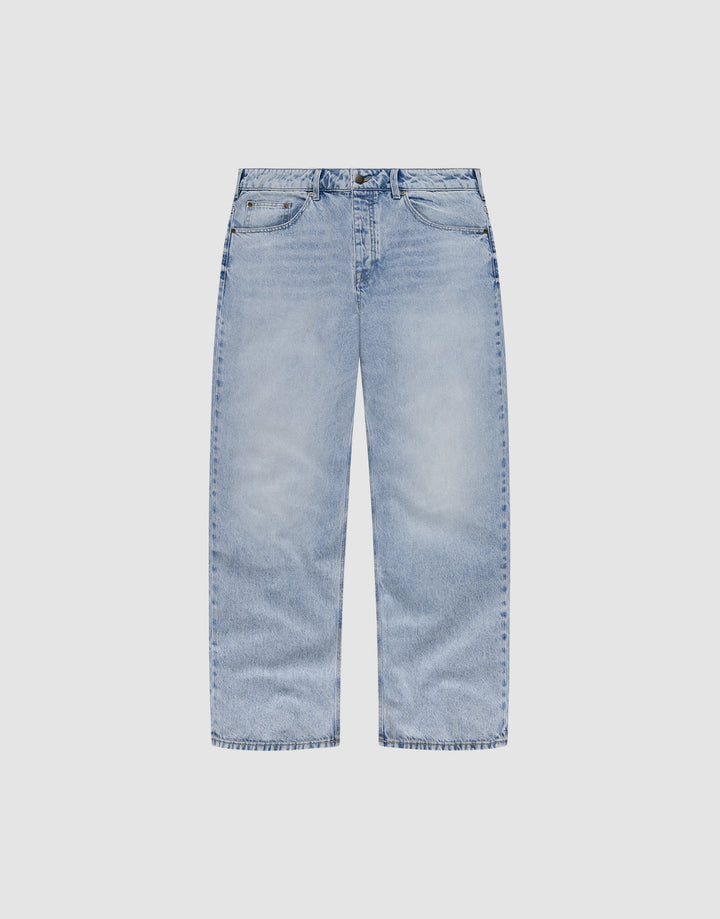 The LFDY Baggy Denim by LIVE FAST DIE YOUNG is a light blue, 100% cotton jean with a wide straight leg, classic five-pocket design, and relaxed baggy fit, shown laid flat on a plain white background. | plain