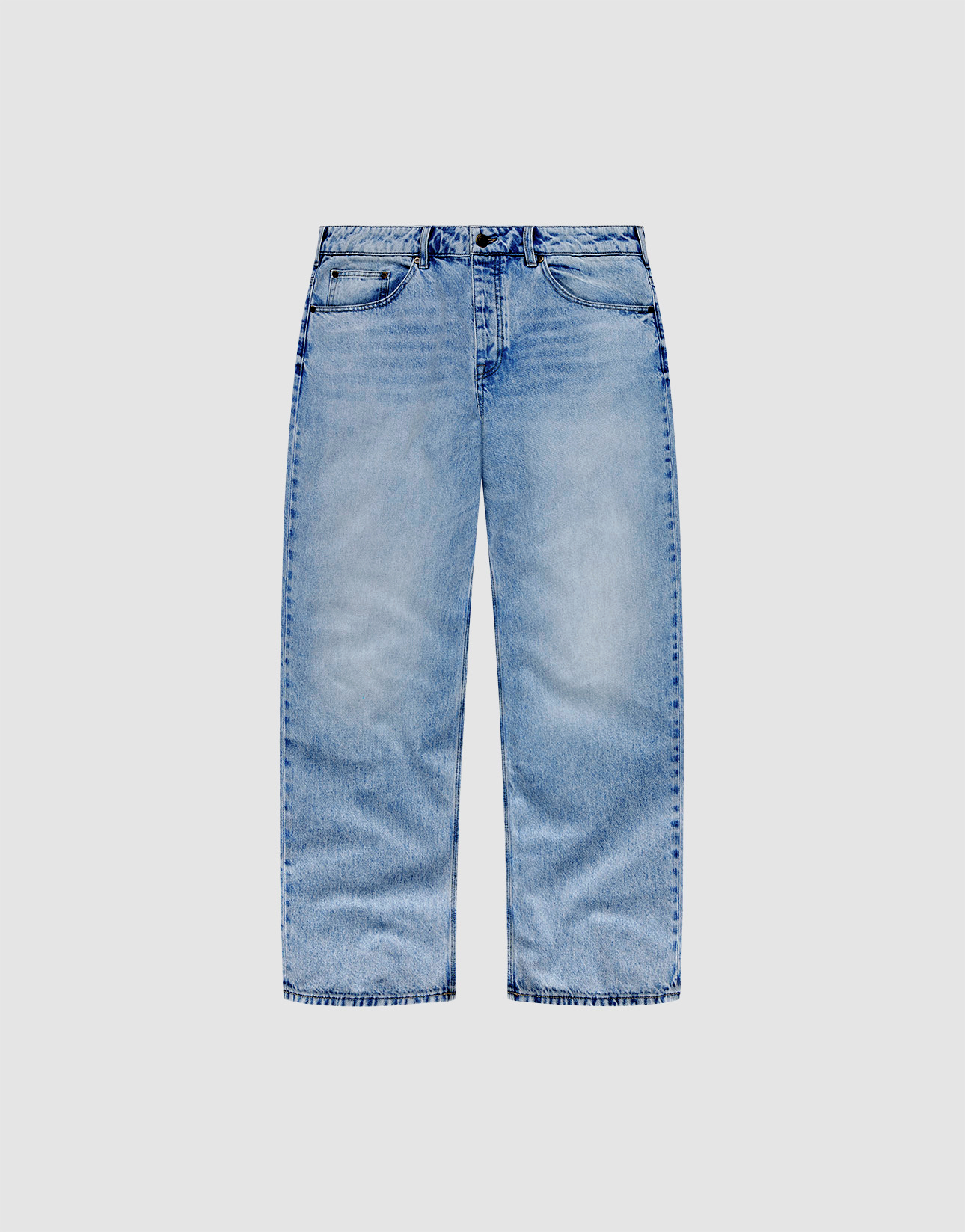The LFDY Baggy Denim by LIVE FAST DIE YOUNG features light blue, slightly faded, baggy straight legs, five pockets, belt loops, and a button-zip closure. Made from 100% cotton and shown on a plain white background. | plain