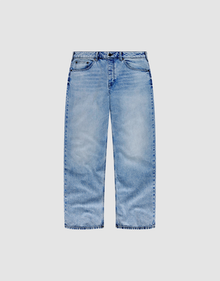 The LFDY Baggy Denim by LIVE FAST DIE YOUNG features light blue, slightly faded, baggy straight legs, five pockets, belt loops, and a button-zip closure. Made from 100% cotton and shown on a plain white background. | plain