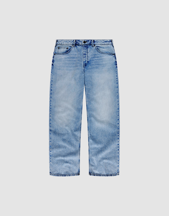 The LFDY Baggy Denim by LIVE FAST DIE YOUNG features light blue, slightly faded, baggy straight legs, five pockets, belt loops, and a button-zip closure. Made from 100% cotton and shown on a plain white background. | plain