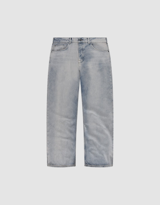 The LFDY Baggy Denim by LIVE FAST DIE YOUNG features light blue, straight-leg jeans with a faded wash, relaxed baggy fit, five-pocket design, button closure, and signature flag label—shown on a plain white background.
