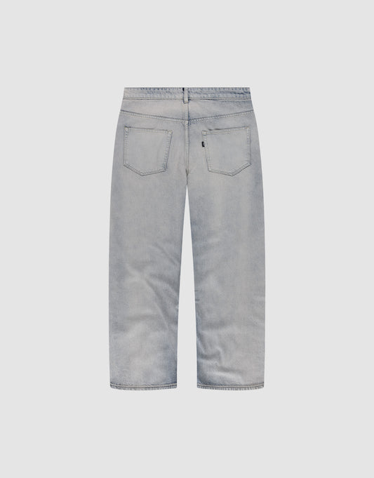 Back view of LFDY Baggy Denim by LIVE FAST DIE YOUNG in light gray, featuring two rear pockets, a Flag Label, and a straight leg cut, shown against a plain white background.