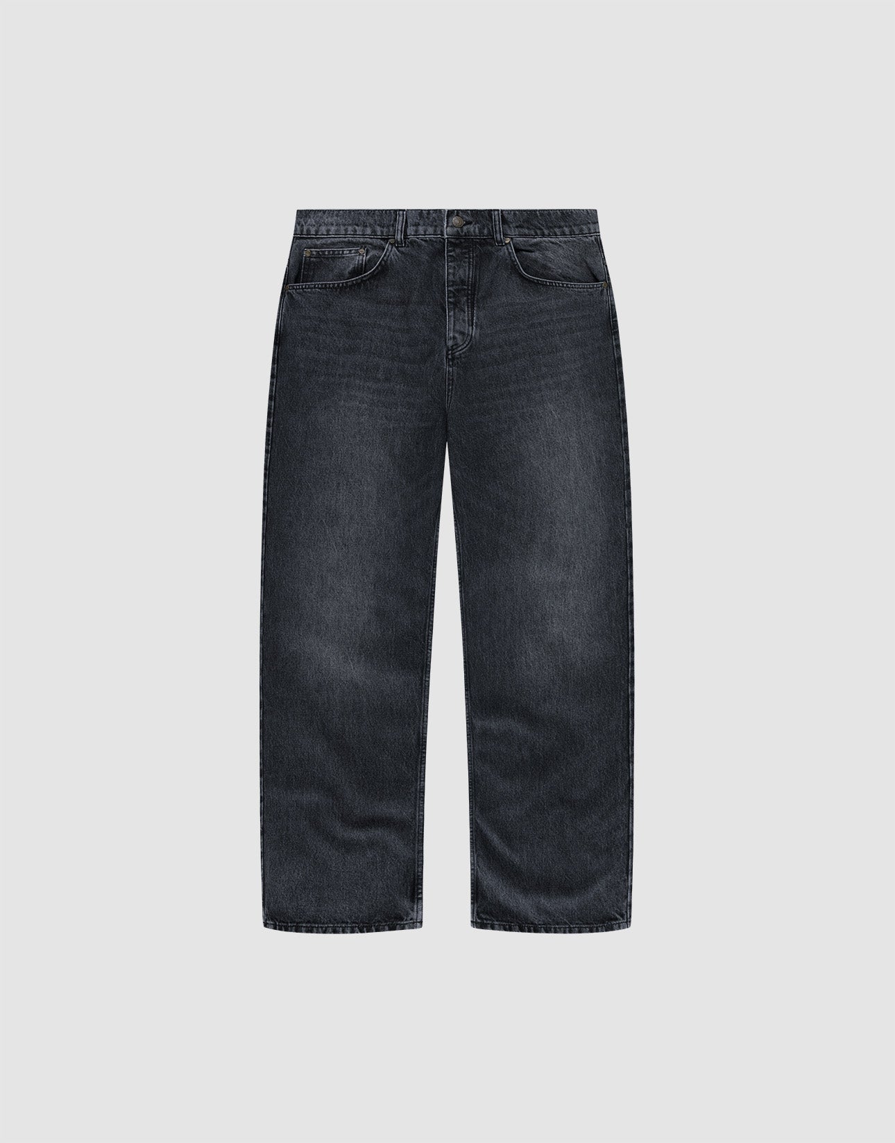 The LFDY Baggy Denim by LIVE FAST DIE YOUNG features a wide straight leg, dark-wash finish, and classic five-pocket design, shown against a plain light grey background. | plain